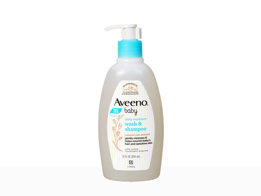 Aveeno baby wash and shampoo bottle on a white background