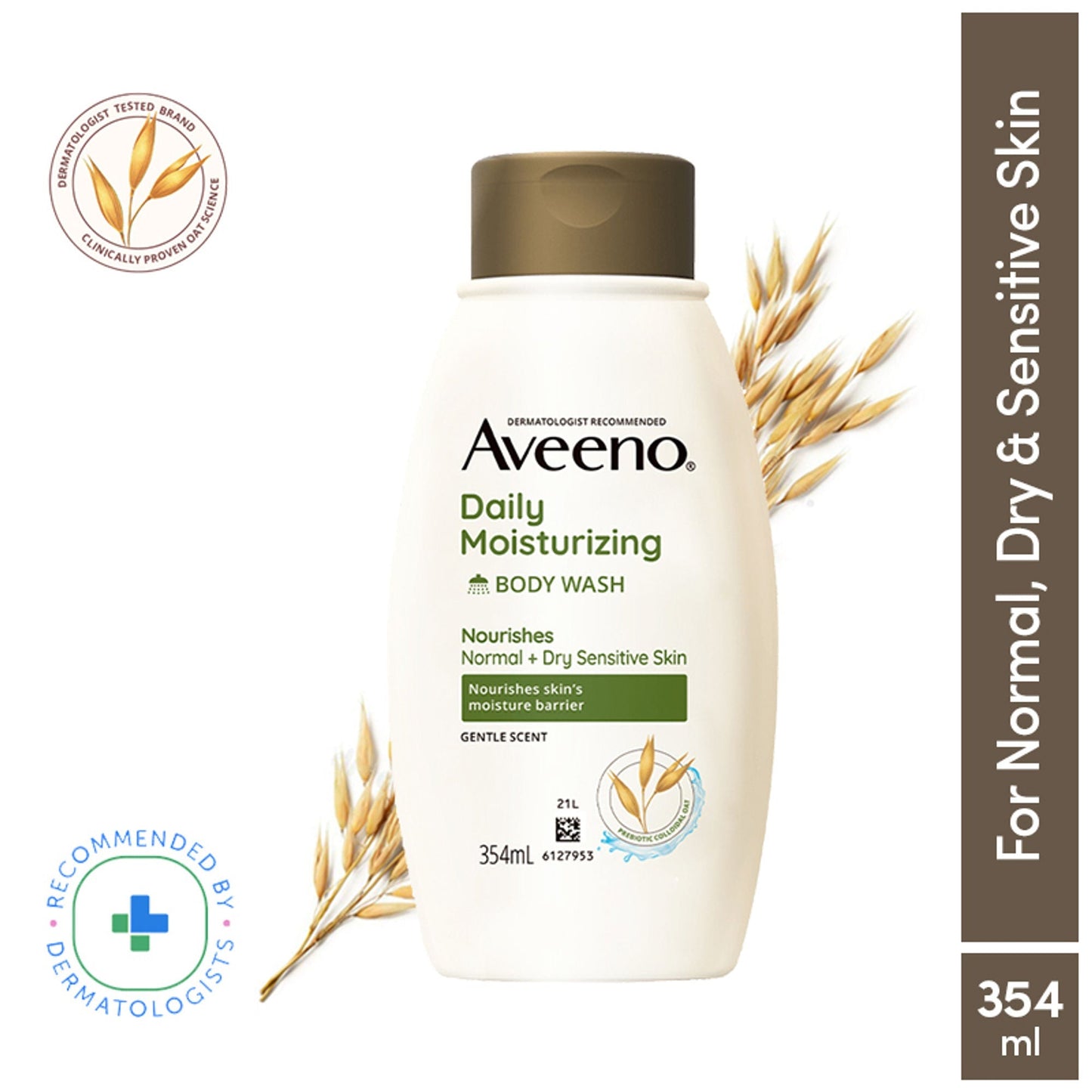 Aveeno Daily Moisturizing Body Wash bottle with oat branches on a white background