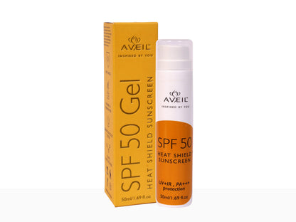 Aveil SPF 50 Gel Heat Shield Sunscreen bottle and packaging on a white background