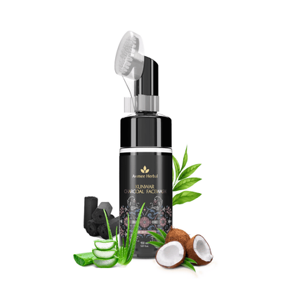 Black facial cleanser bottle with charcoal and aloe vera on a white background