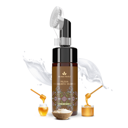 Avime Herbal Prisha Richamrita Face Wash bottle with honey and cream elements on a white background
