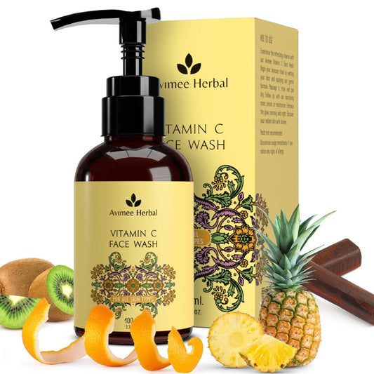 Avmeen Herbal Vitamin C Face Wash with packaging, pineapple, kiwi, and orange on a white background