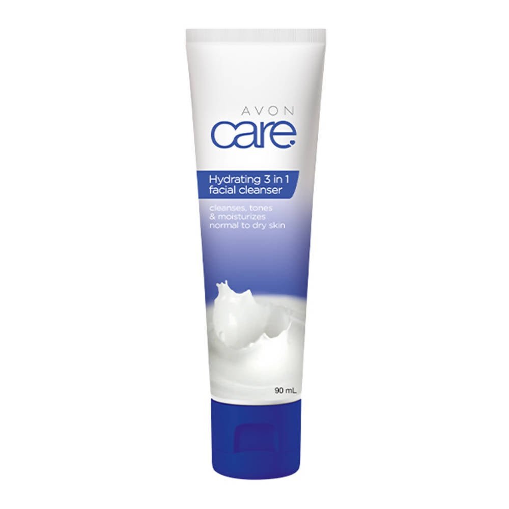 A tube of Avon Care Hydrating 3-In-1 Facial Cleanser against a white background.