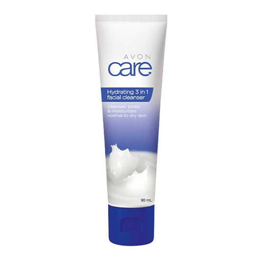 A tube of Avon Care Hydrating 3-In-1 Facial Cleanser against a white background.