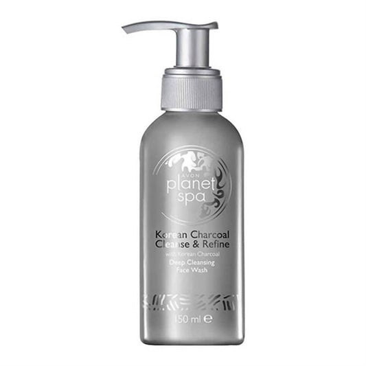 A pump bottle of Avon Planet Spa Korean Charcoal Cleanser & Refine with a white label featuring charcoal graphics.