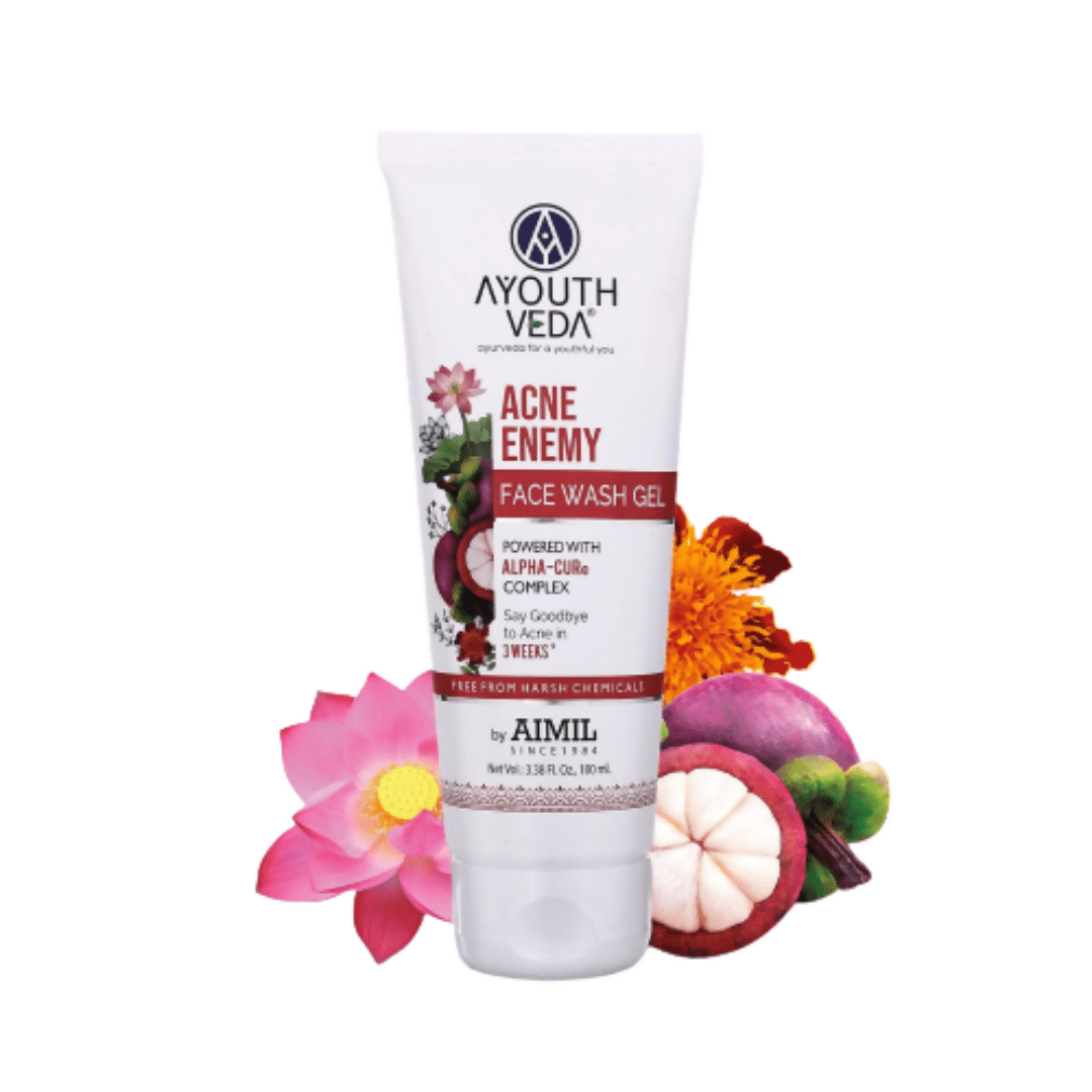 A youth Veda Acne Enemy face wash gel with natural ingredients on a white background