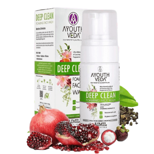 Ayouth Veda Deep Clean foaming face wash with packaging and natural ingredients on a white background