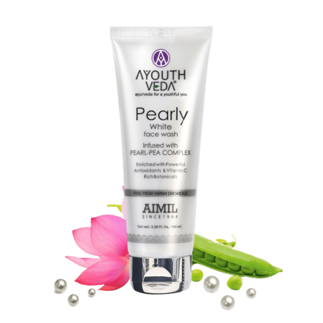 Ayouth Veda Pearly White face wash tube with a pink flower, green pod, and pearls on a white background