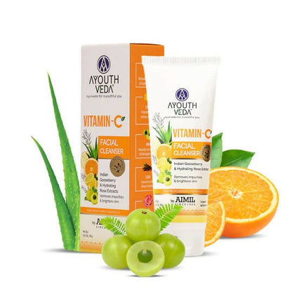 Ayouth Veda Vitamin C facial cleanser packaging with fruits and green leaves on a white background