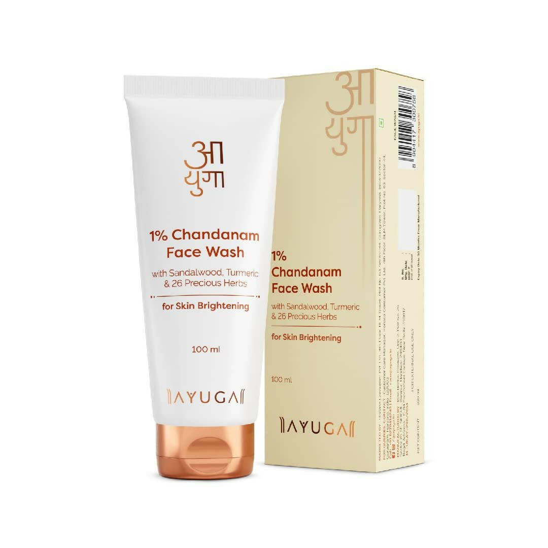 Product image of Ayuga 1% Chandanam Face Wash with its packaging. The face wash tube is white with a copper-colored cap, and the packaging box is beige with product information.