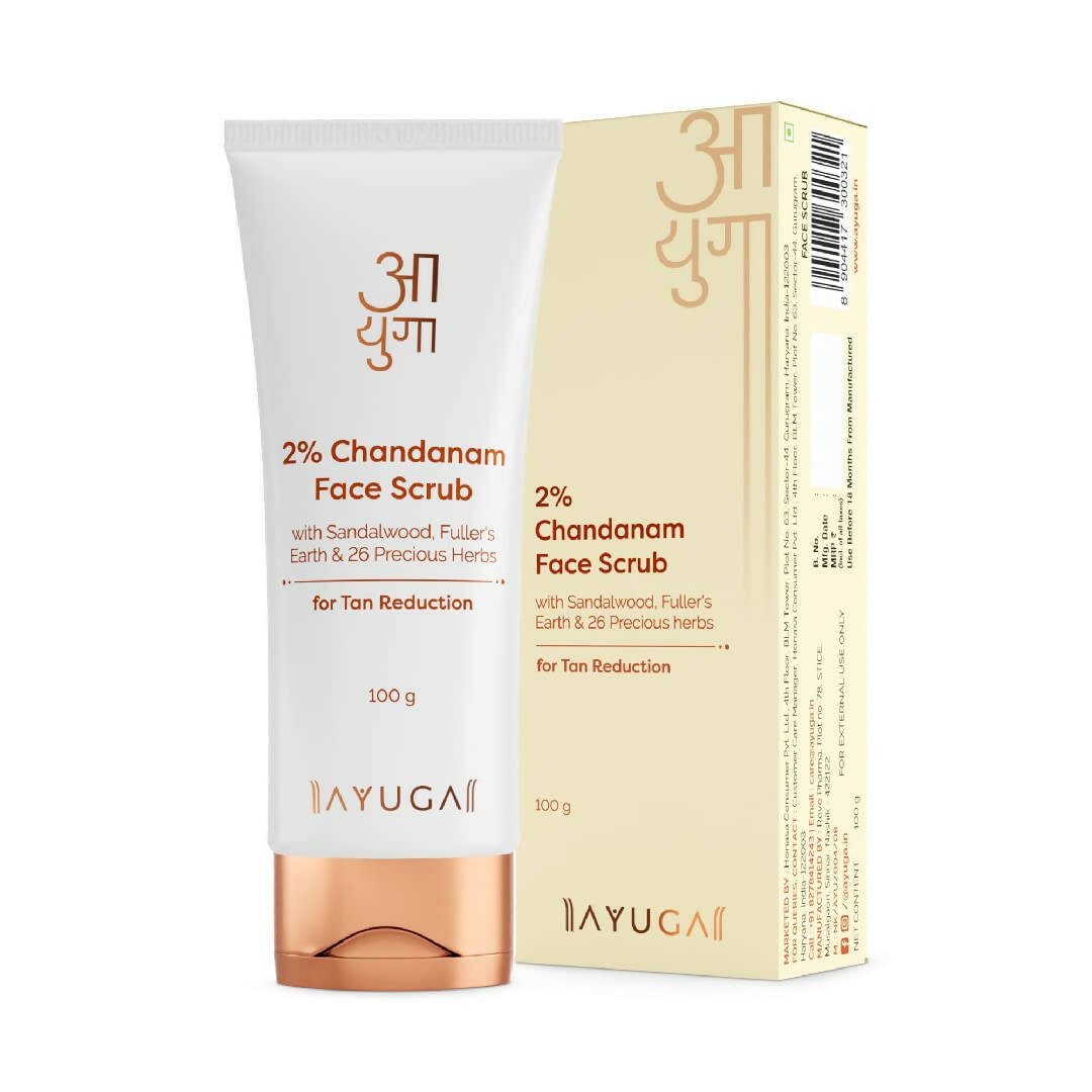 Ayuga 2% Chandanam Face Scrub with packaging on a white background