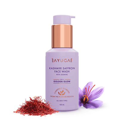 Yayuca Kashmiri Saffron Face Wash bottle with saffron strands and a flower on a white background