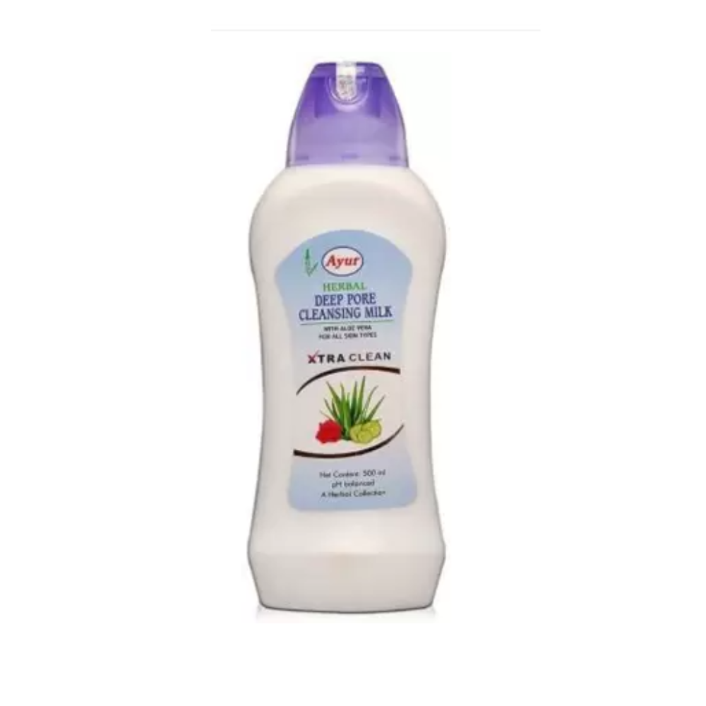 Bottle of Ayur Herbals Deep Cleansing Milk with a white body and purple cap, featuring labels with product information and branding.