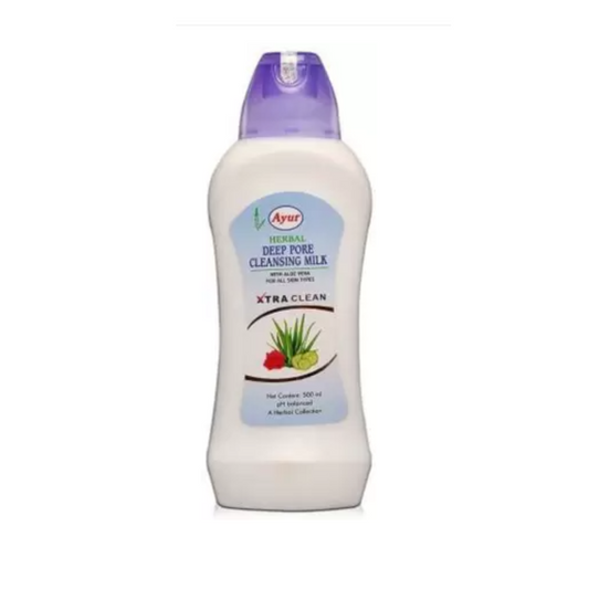 Bottle of Ayur Herbals Deep Cleansing Milk with a white body and purple cap, featuring labels with product information and branding.