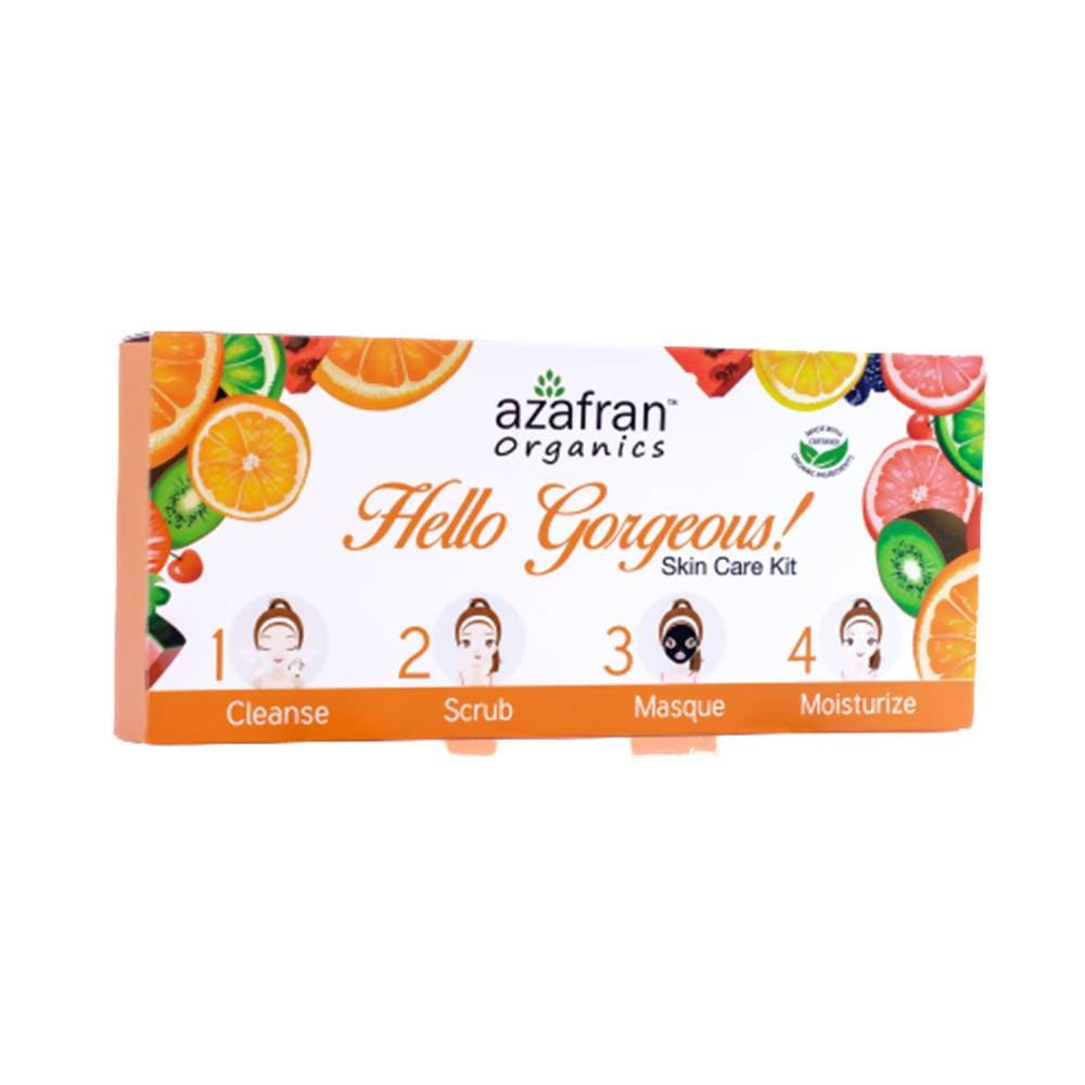 Packaging of Azafran Organics Hello Gorgeous Skin Care Kit with images of citrus fruits and a color-coded guide for using the products.