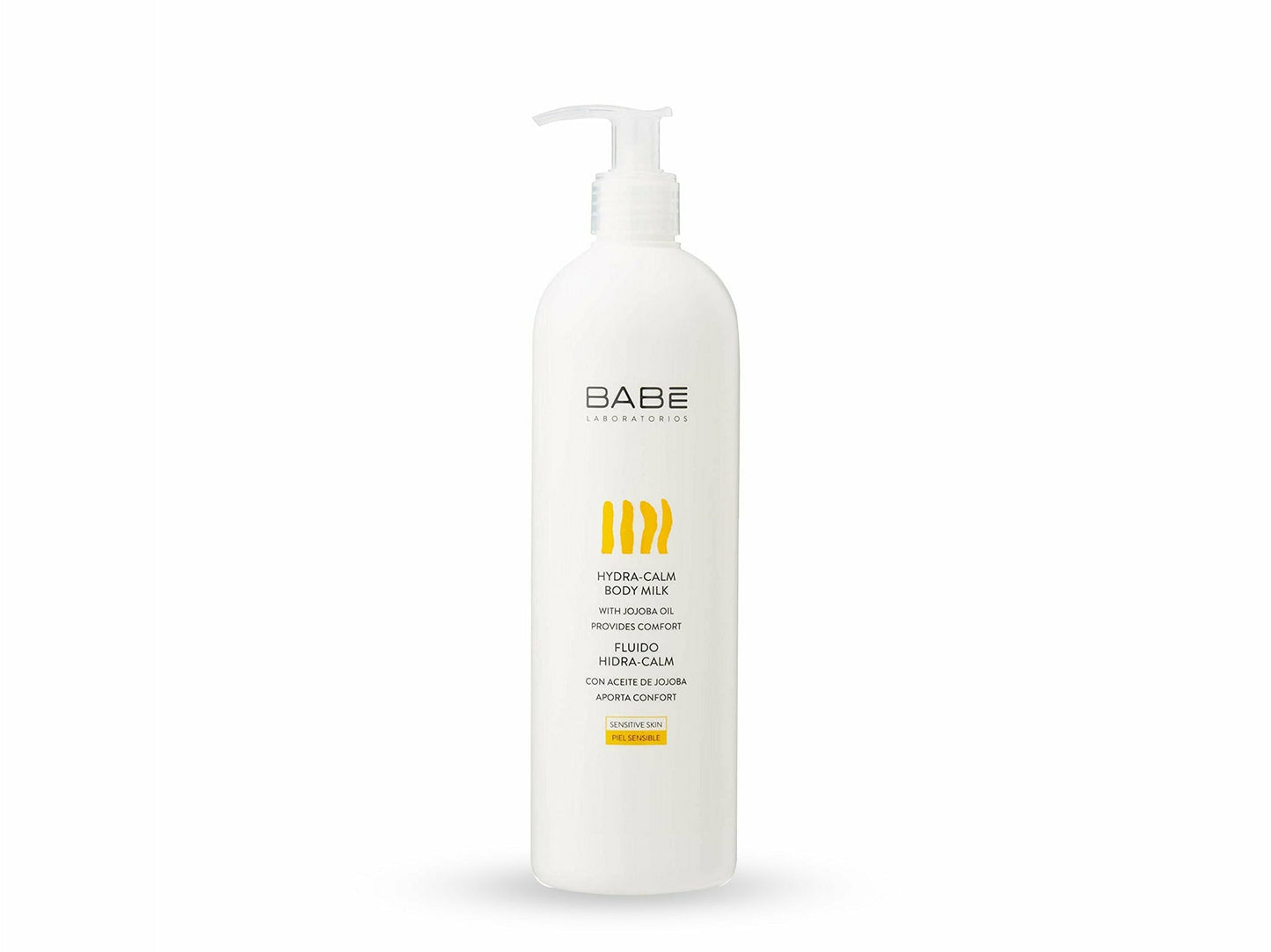 Bottle of BABE Hydra Calm Body Milk on a white background