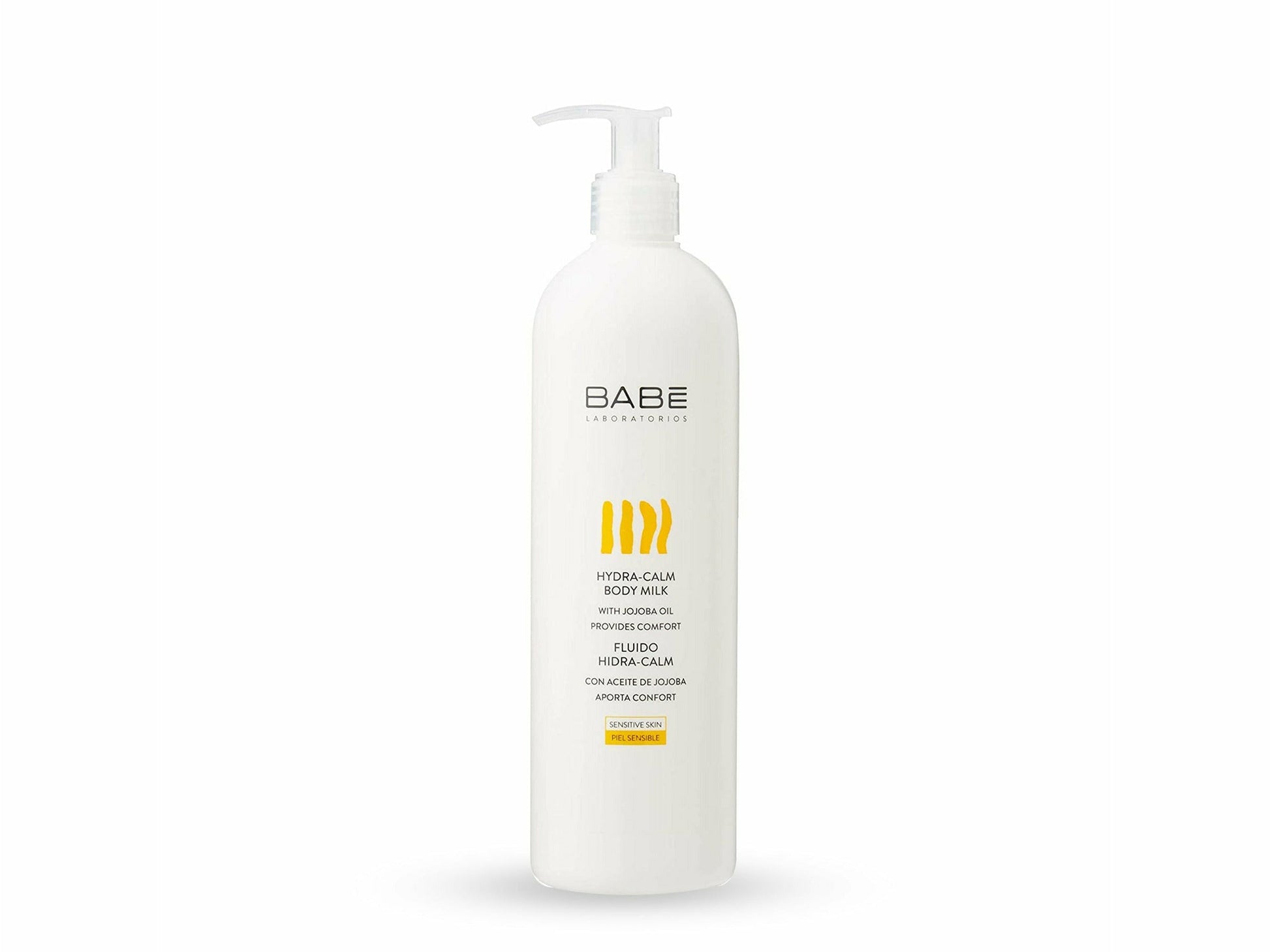 Bottle of BABE Hydra Calm Body Milk on a white background