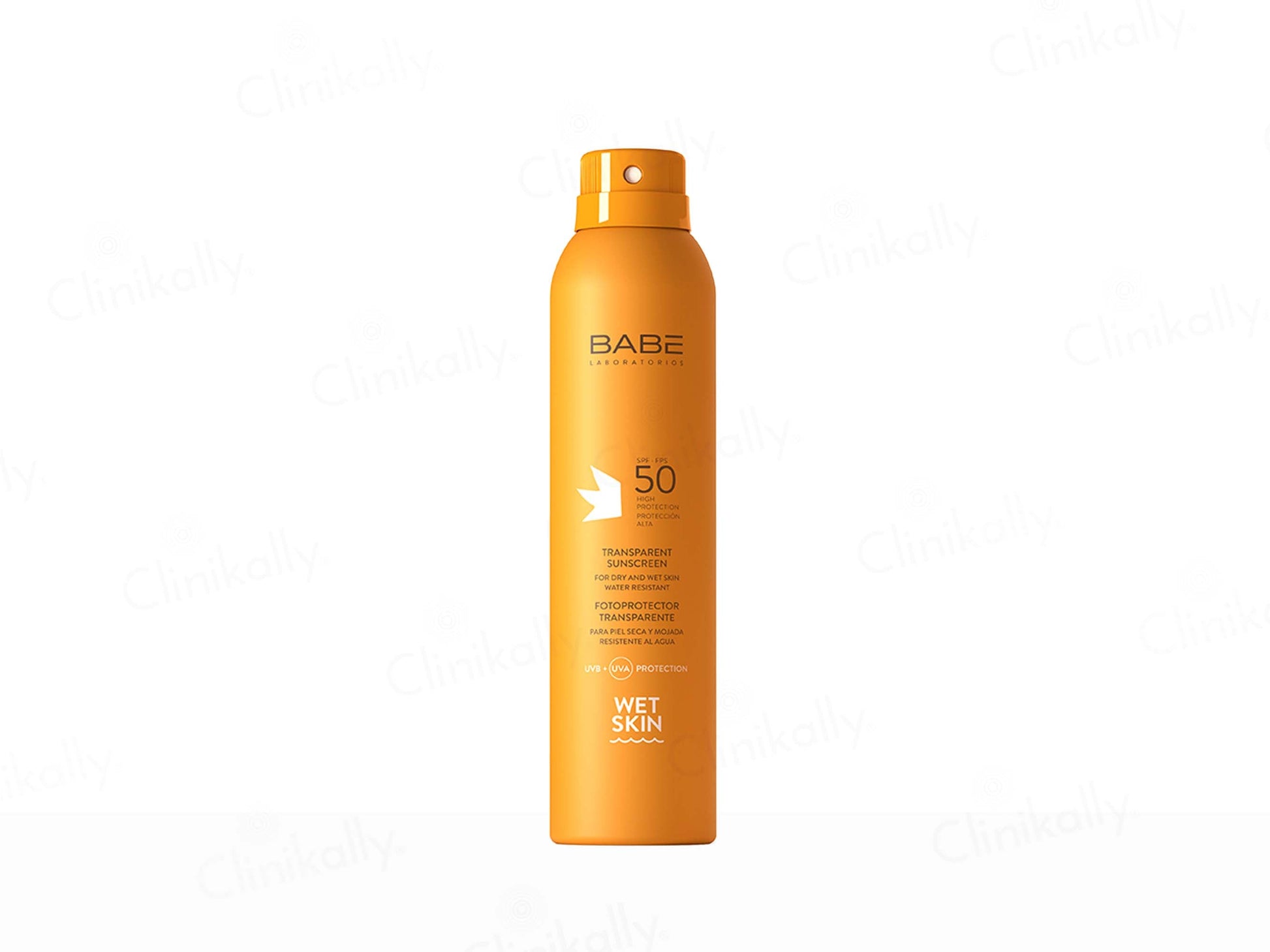 Orange spray bottle labeled 'Babe' on a white background