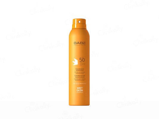 Orange spray bottle labeled 'Babe' on a white background