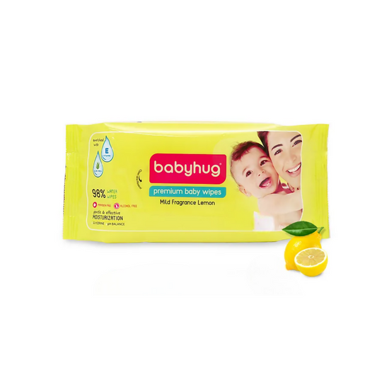 Babyhug premium baby wipes packaging with a lemon on a white background
