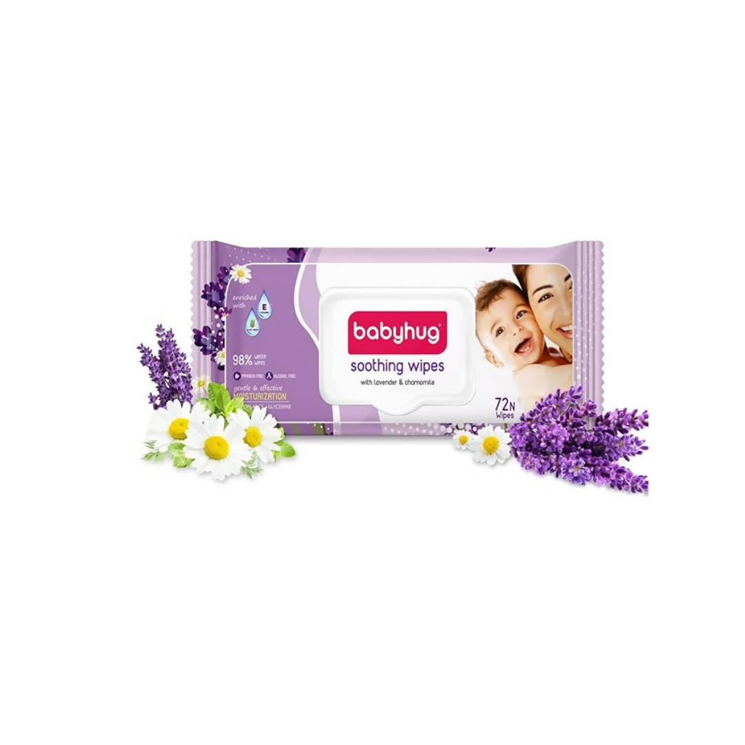 Babyhug soothing wipes packaging with lavender and flowers on a white background