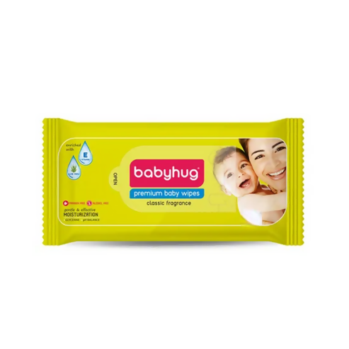 Yellow package of babyhug premium baby wipes on a white background