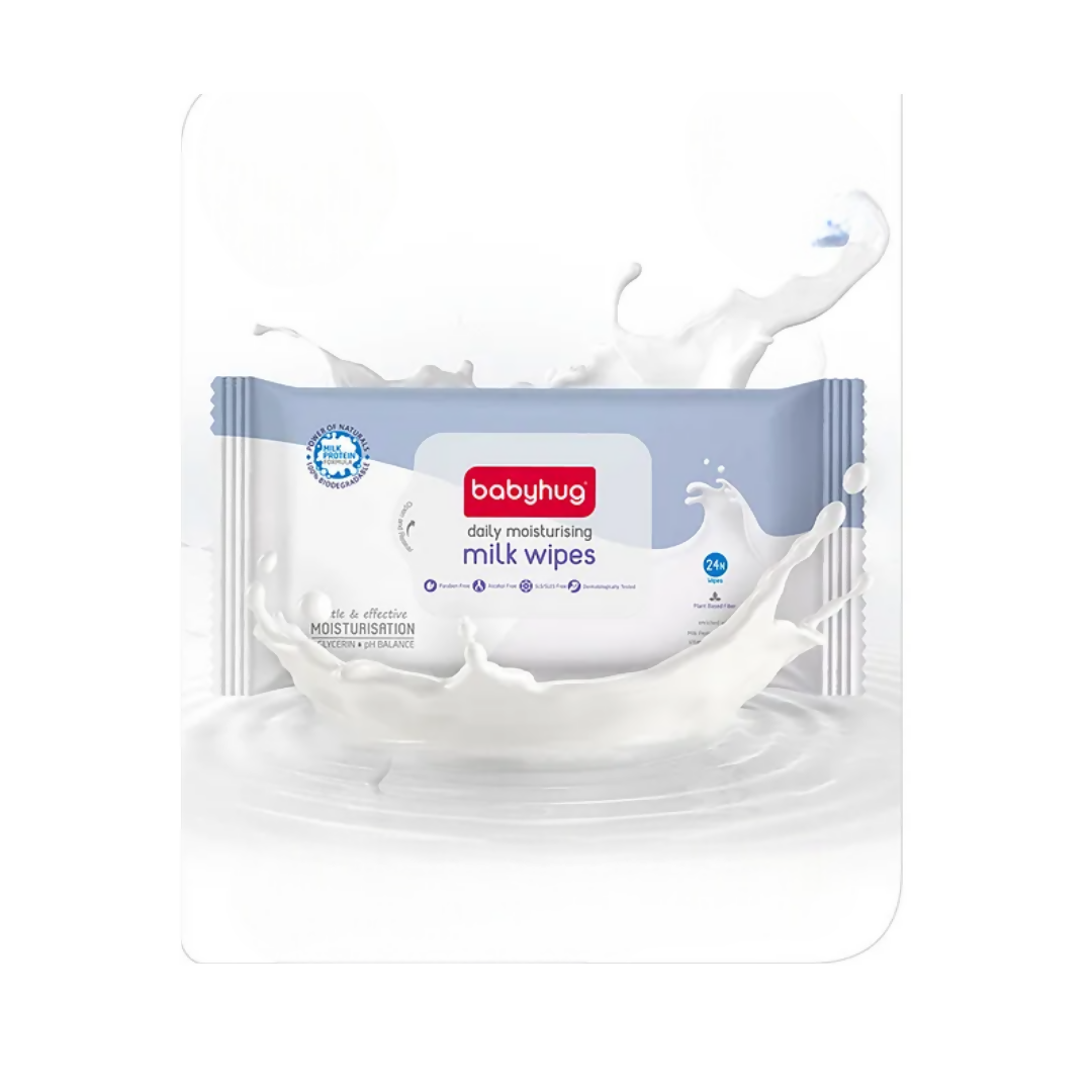 Pack of babyhug daily moisturizing milk wipes with splashes of milk on a white background