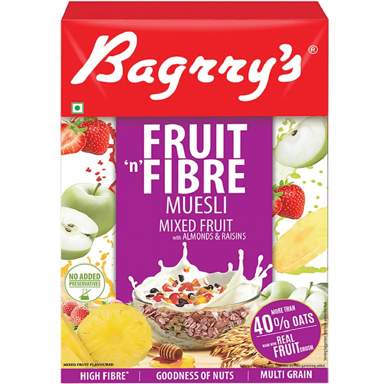 Bagrry's Fruit 'n' Fibre Muesli packaging with colorful design on a white background