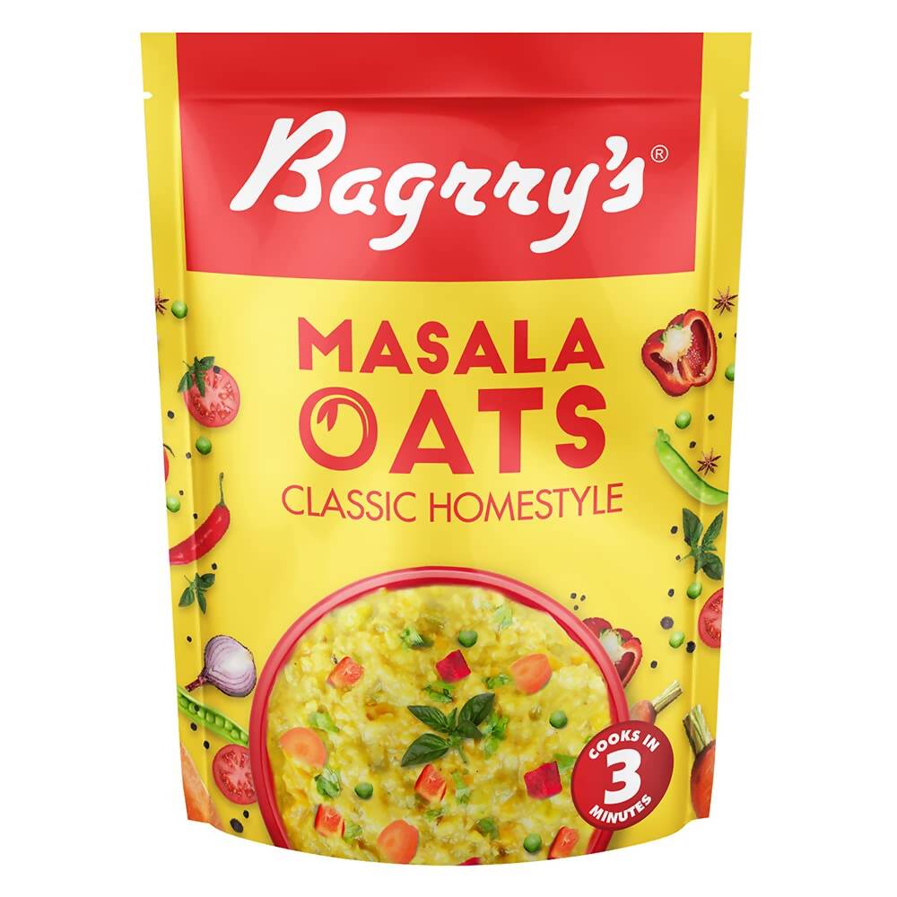 Bagrry's Masala Oats packaging with a yellow and red design on a white background