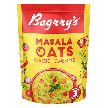 Bagrry's Masala Oats packaging with a yellow and red design on a white background