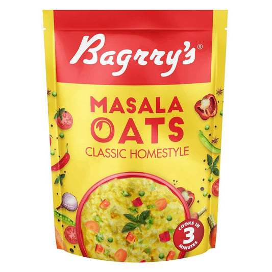 Bagrry's Masala Oats packaging with a yellow and red design on a white background