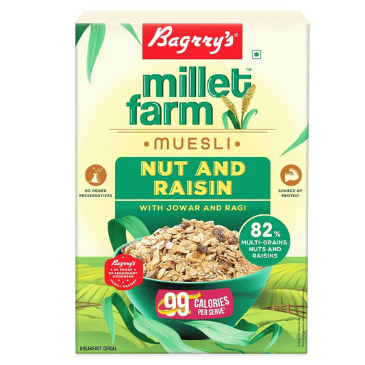 Box of Bagrry's Millet Farm Muesli Nut and Raisin with Jowar and Ragi on a white background