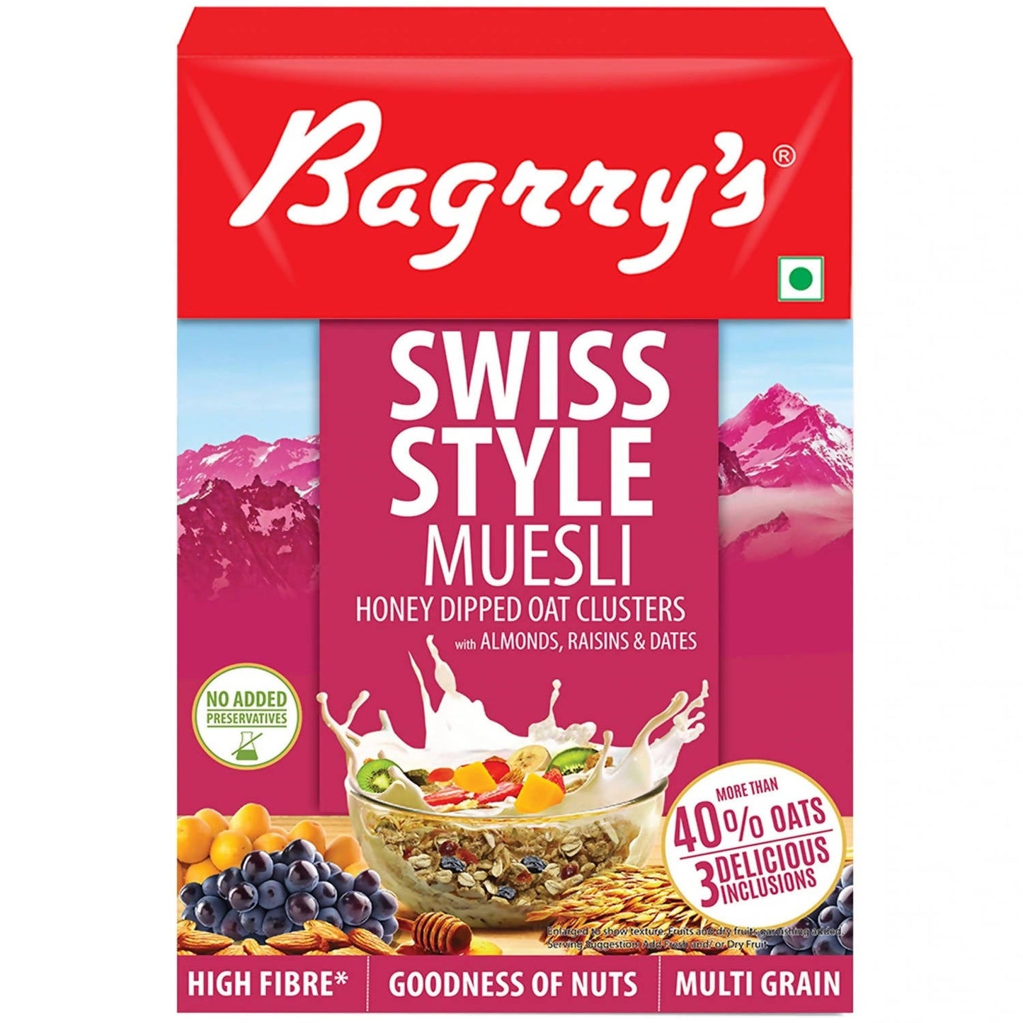 Bagrry's Swiss Style Muesli packaging with red and pink design, showing a bowl of muesli and mountain background.