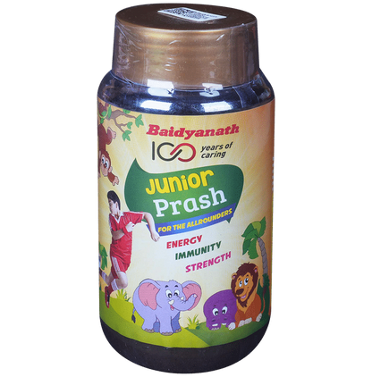 Bottle of Baidyanath Junior Prash with colorful label and cartoon characters on a white background