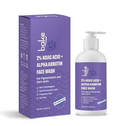 Bake 2% Kojic Acid + Alpha Arbutin Face Wash packaging and bottle on a white background