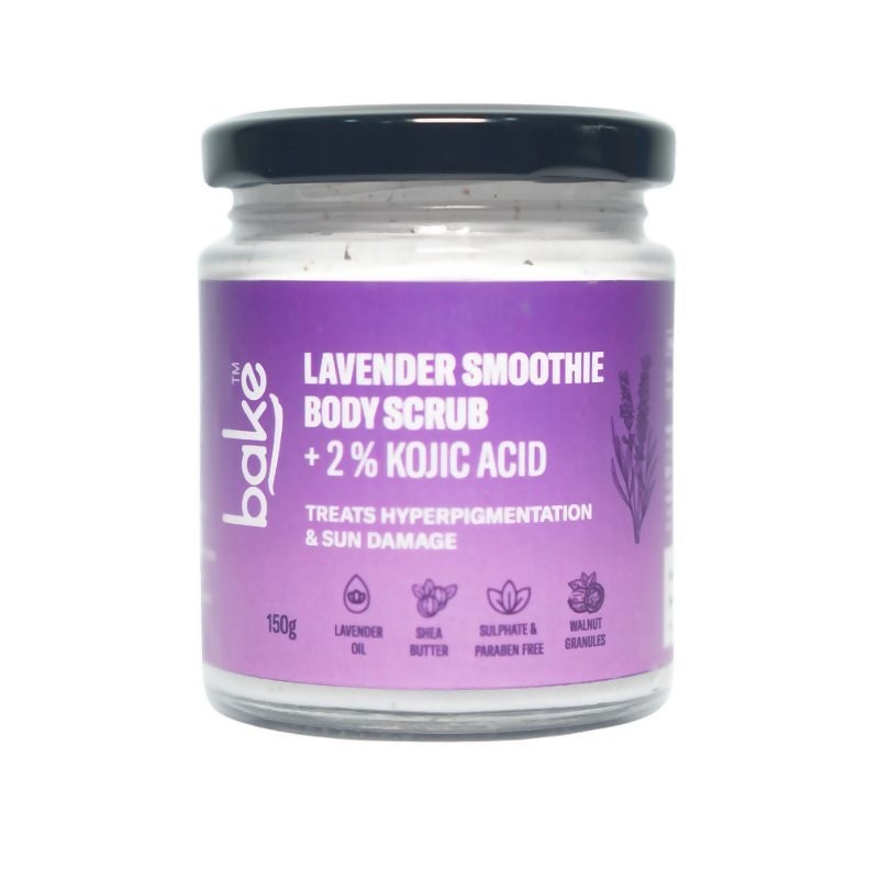 Jar of lavender smoothie body scrub with kojic acid on a white background
