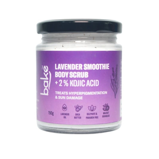 Jar of lavender smoothie body scrub with kojic acid on a white background