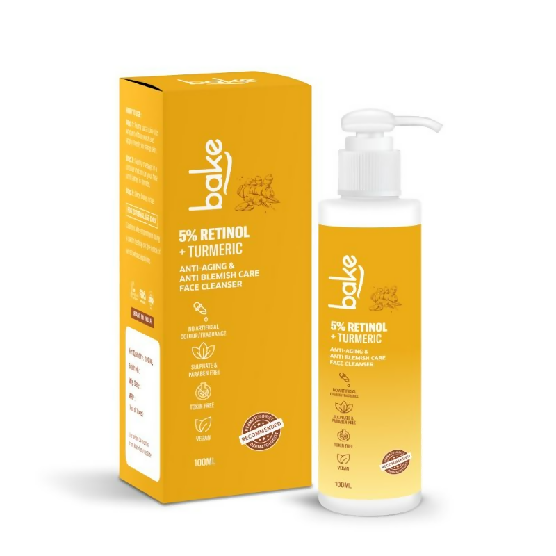 Bake 5% Retinol + Turmeric face cleanser bottle and packaging on a white background