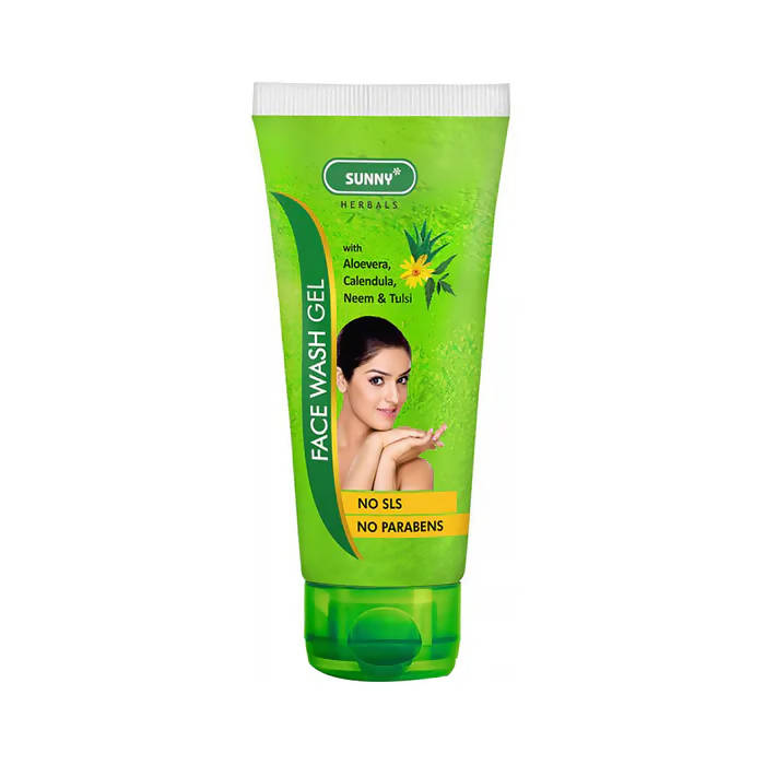Green face wash gel tube with a woman's face on the label against a white background