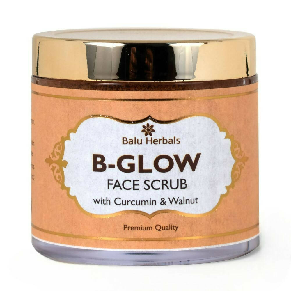 B-Glow face scrub container with gold lid on a white background