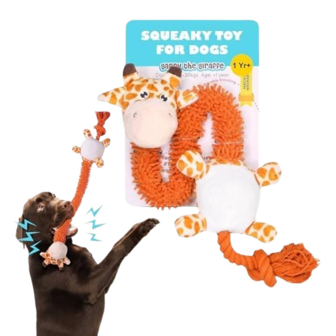Giraffe-shaped squeaky toy for dogs with packaging and a dog playing with it.