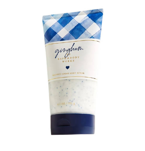 Body scrub with blue and white checkered lid on a white background