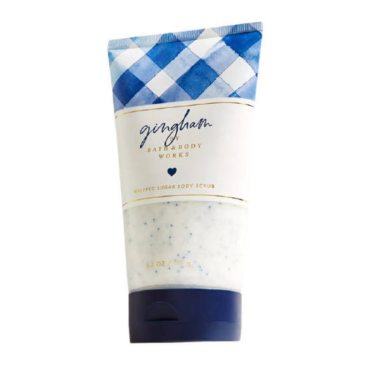 Body scrub with blue and white checkered lid on a white background