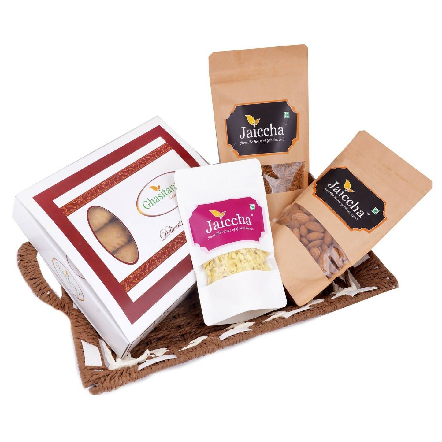 Ghasitaram Brown and White Basket Sugarfree Gujiya, Chiwda, Flavoured Almonds, Nachini Sev Pouches