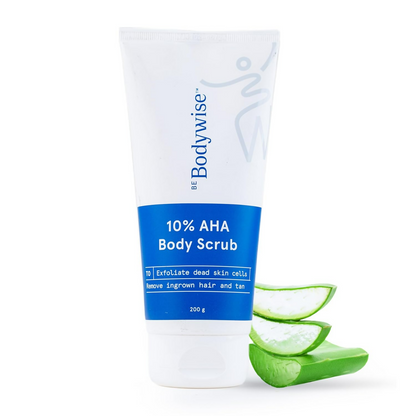 Bodywise 10% AHA Body Scrub with aloe vera slices on a white background