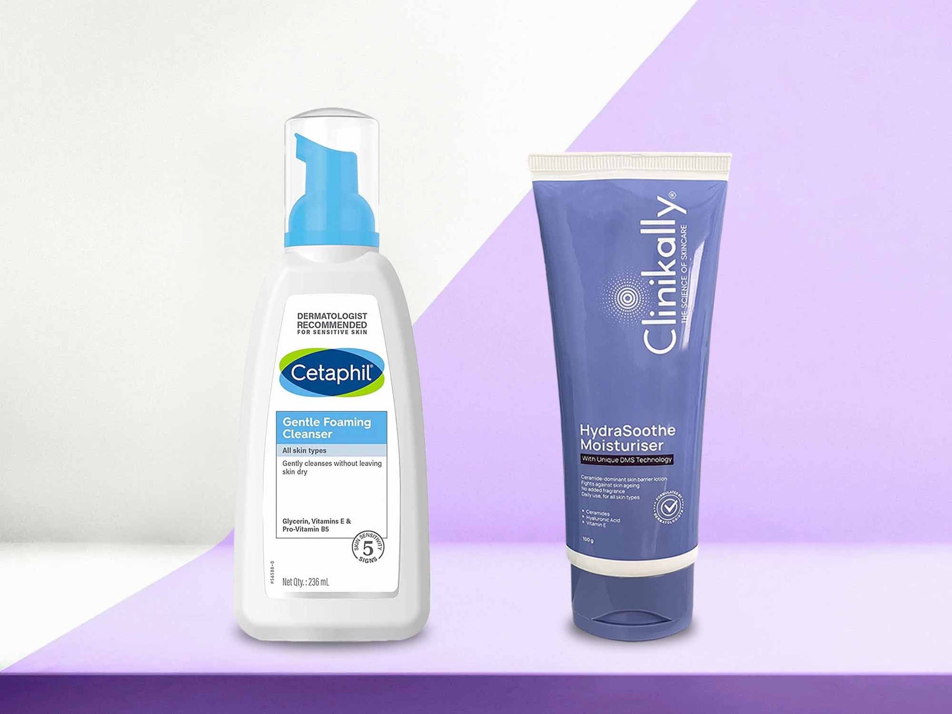 Cetaphil and Clinkally skincare products on a gradient background