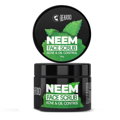 Packaging of Beardo Neem Face Scrub, showing the lid with neem leaf imagery and the product container below with similar design and text.