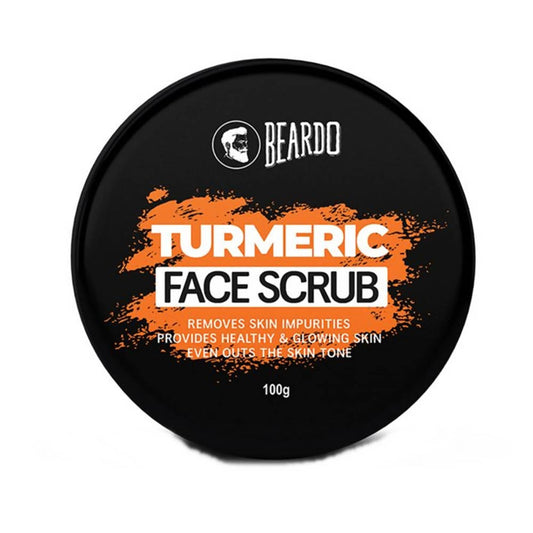 A jar of Beardo Turmeric Face Scrub with black and orange label, indicating it removes skin impurities and provides healthy, glowing skin.