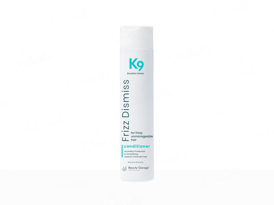 K9 Frizz Dismiss conditioner bottle on a white background