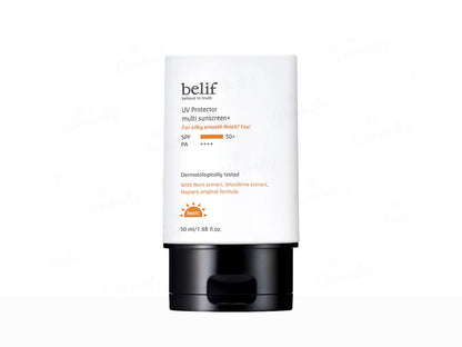 Belif UV Protector multi sunscreen cream on a white background